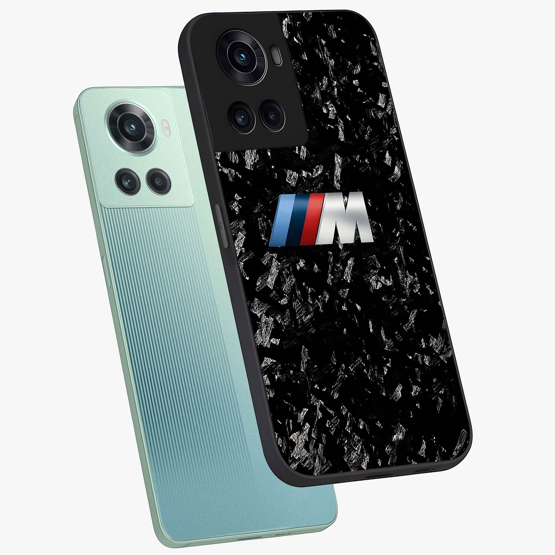 Carbon Speed Mark Glass Case for 1+10R angled mockup showcasing glossy finish and high performance aesthetic