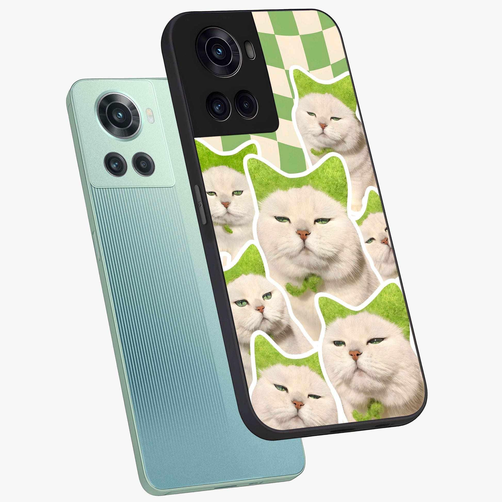 Cats Ethereal Bloom Glass Case for 1+10R angled mockup showcasing glossy finish and dreamy pastel tones