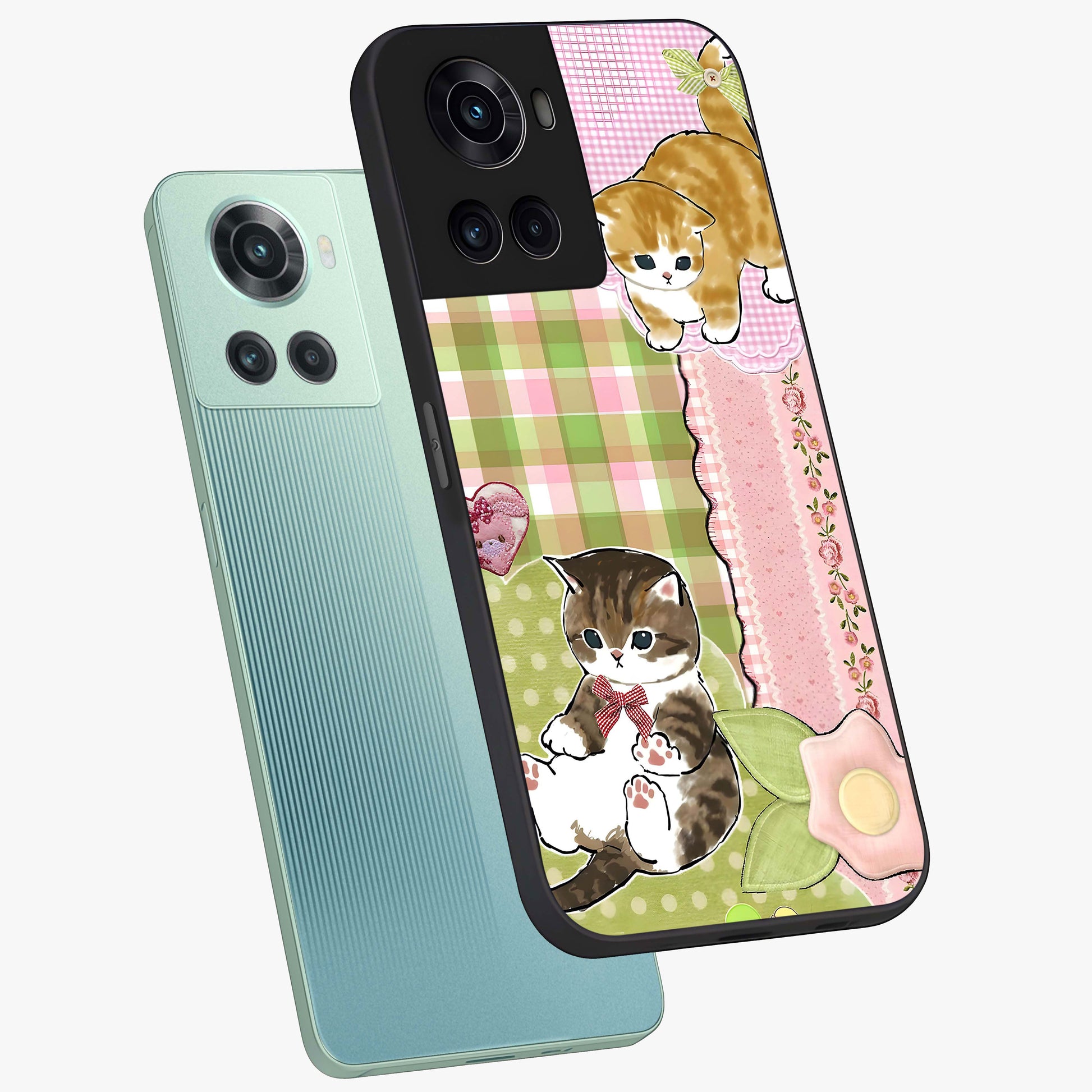 Cats Sweet Button Glass Case for 1+10R angled mockup showcasing glossy finish and charming character design
