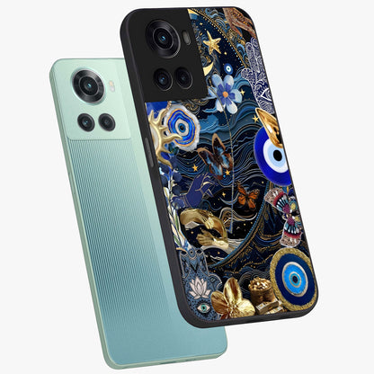 Celestial Blessing Shield Glass Case for 1+10R angled mockup showcasing glossy finish and divine design elements