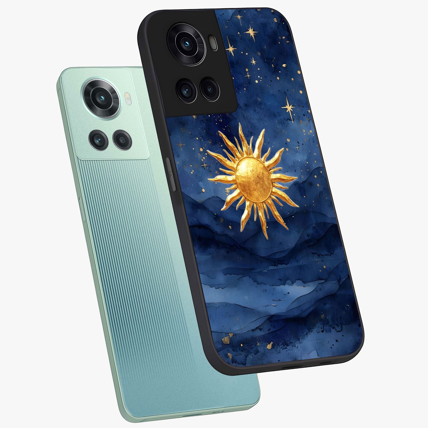 Celestial Blue Glow Glass Case for 1+10R angled mockup showcasing glossy finish and luminous celestial tones