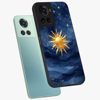 Celestial Blue Glow Glass Case for 1+10R angled mockup showcasing glossy finish and luminous celestial tones