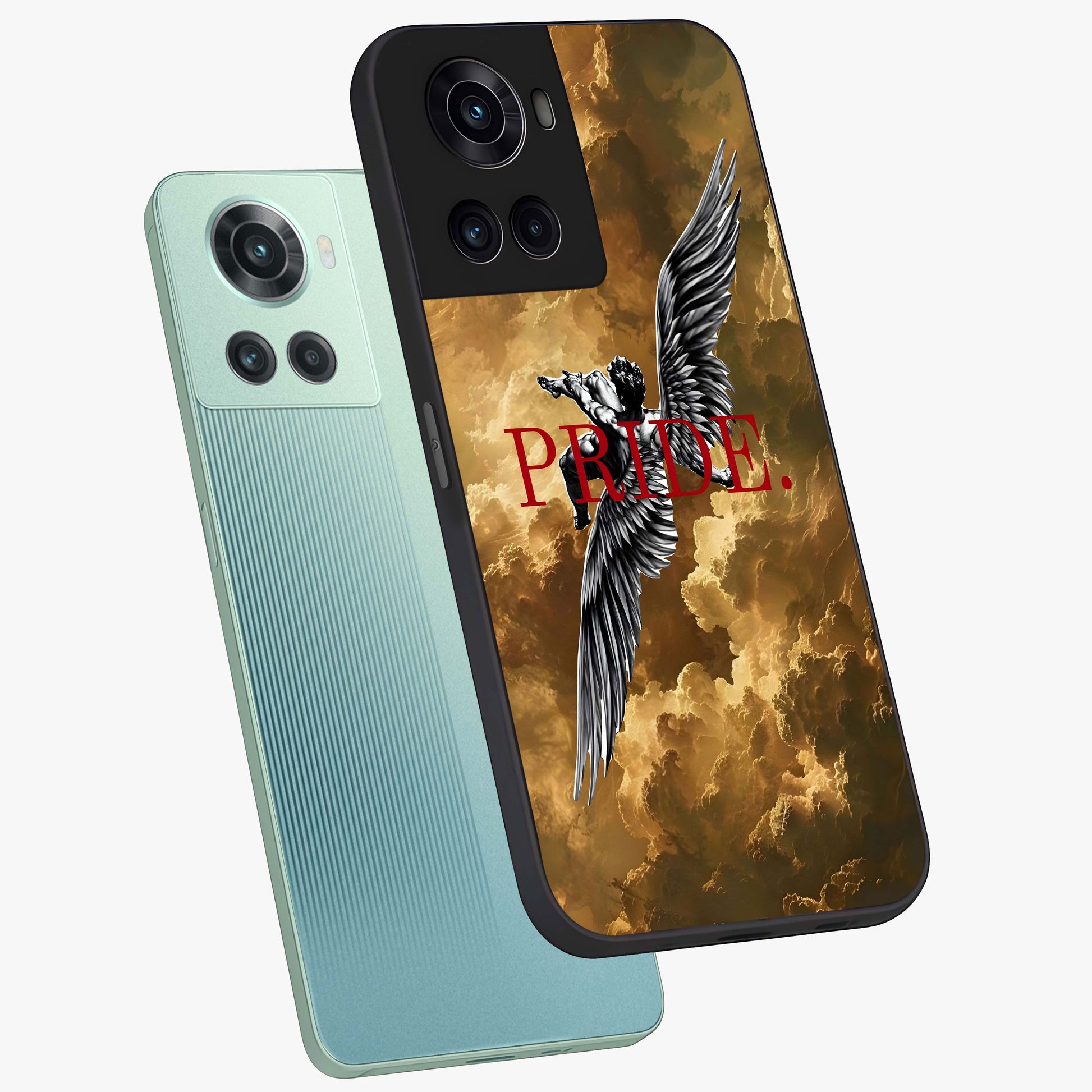 Celestial Fallen Pride Glass Case for 1+10R angled mockup showcasing glossy glass finish and intense night sky detailing