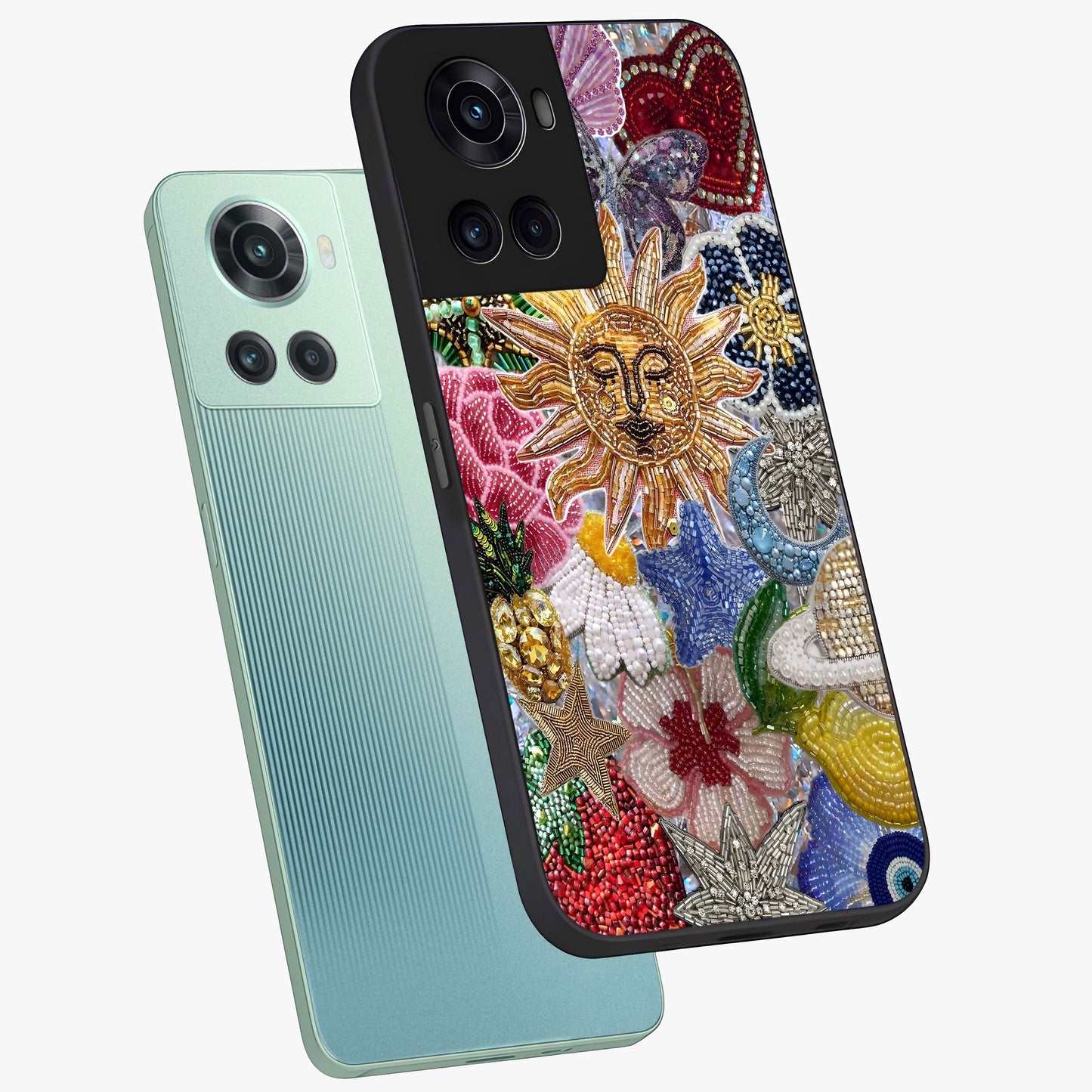 Celestial Floral and Playful Glass Case for 1+10R angled mockup showcasing glossy finish and colorful celestial detailing