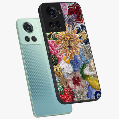Celestial Floral and Playful Glass Case for 1+10R angled mockup showcasing glossy finish and colorful celestial detailing