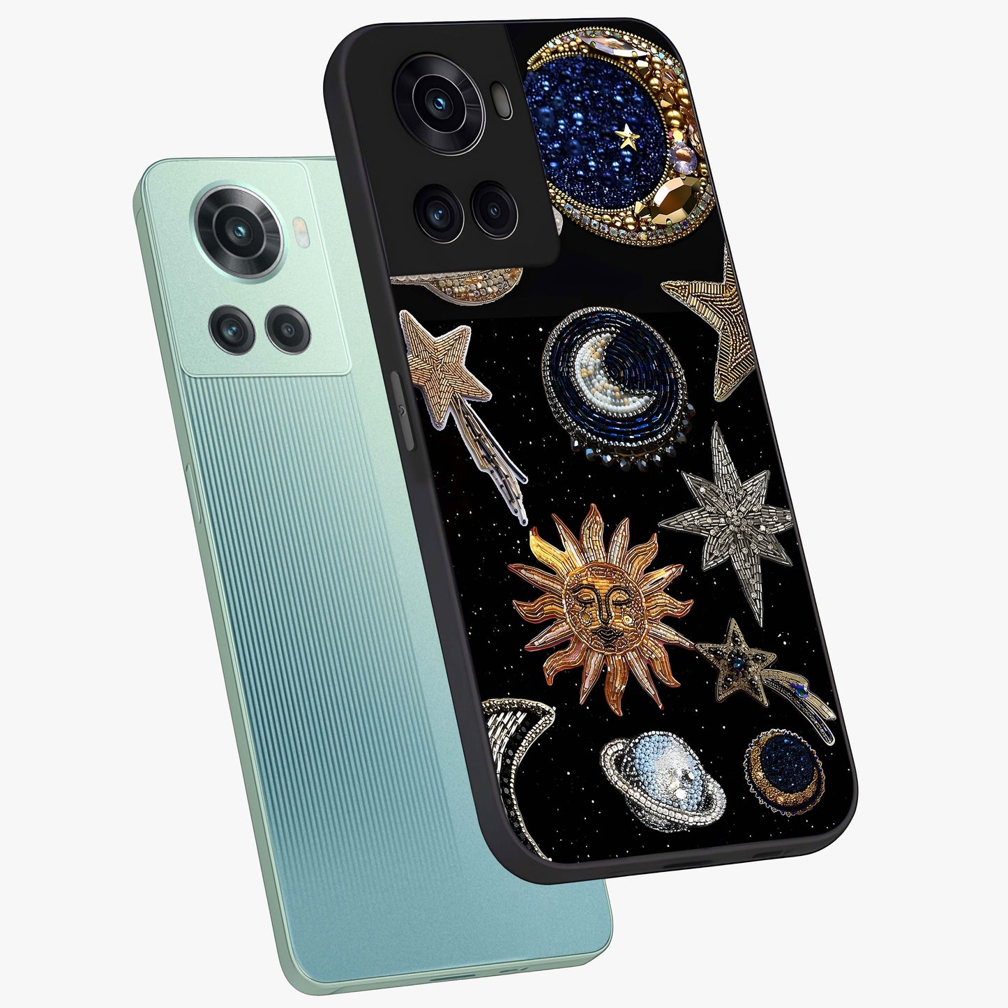Celestial Gem Constellations Glass Case for 1+10R angled mockup showcasing glossy finish and sparkling cosmic design