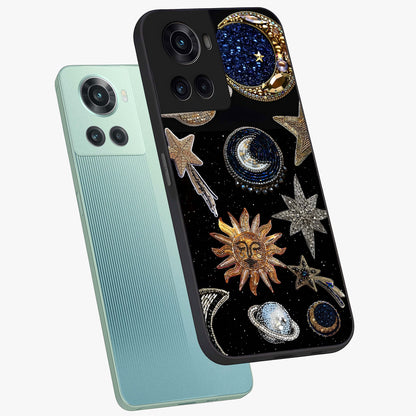 Celestial Gem Constellations Glass Case for 1+10R angled mockup showcasing glossy finish and sparkling cosmic design