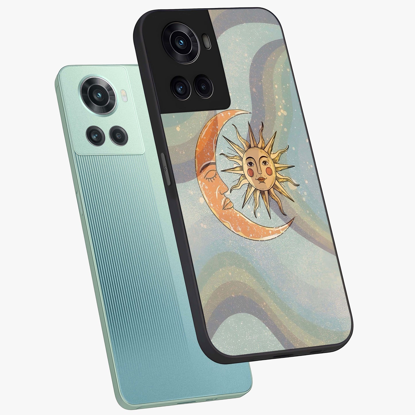 Celestial Harmony Vibes Glass Case for 1+10R angled mockup showcasing glossy finish and smooth celestial gradients