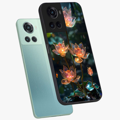 Celestial Lotus Light Glass Case for 1+10R angled mockup showcasing glossy finish and radiant celestial tones