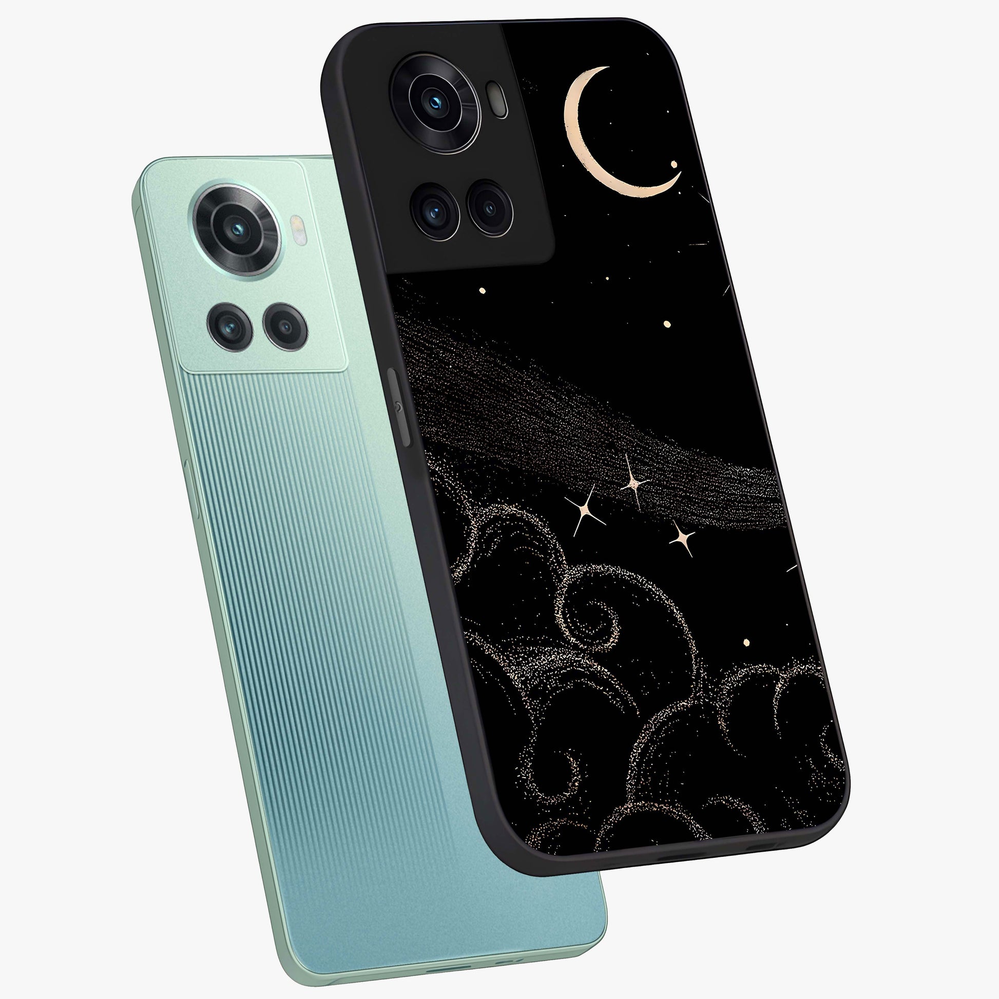 Celestial Midnight Veil Glass Case for 1+10R angled mockup showcasing glossy finish and dark celestial gradients