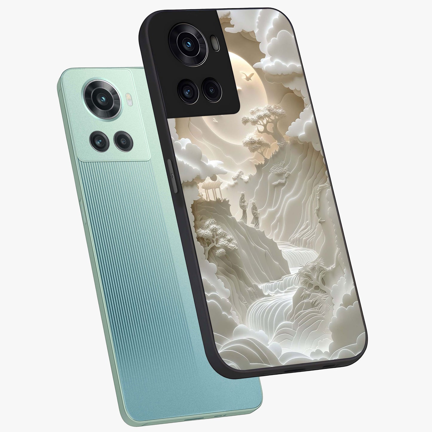 Celestial Origami Glass Case for 1+10R angled mockup showcasing glossy finish and geometric celestial design