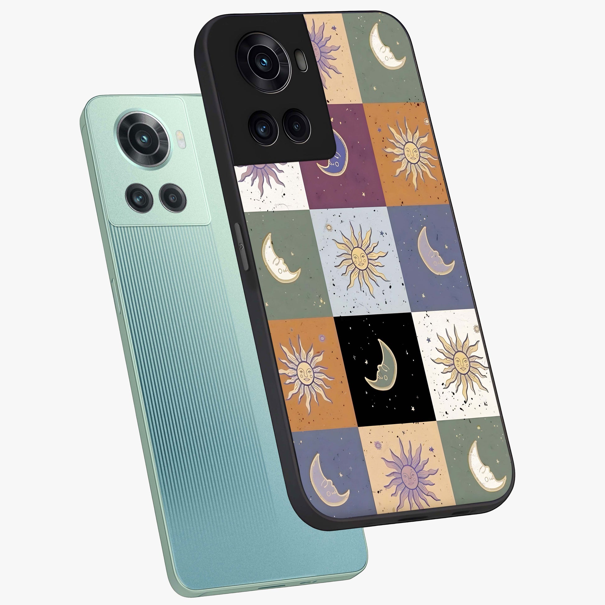 Celestial Patchwork Dreams Glass Case for 1+10R angled mockup showcasing glossy finish and layered celestial textures