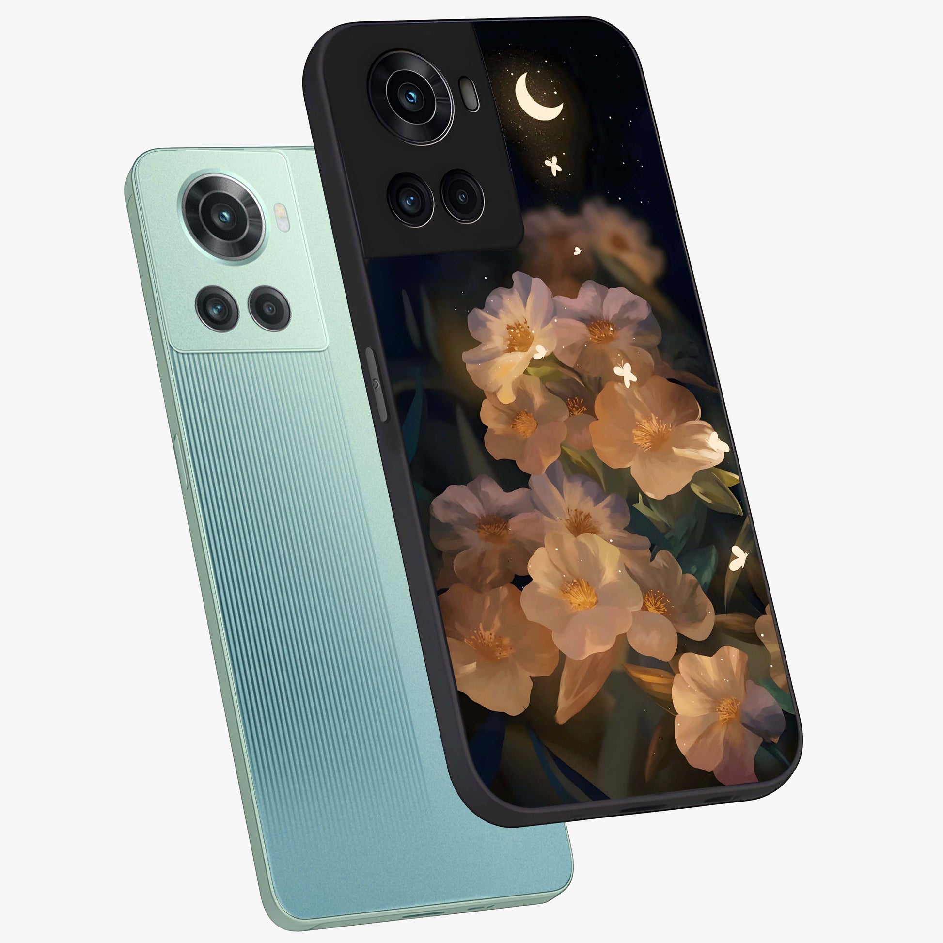 Celestial Petal Night Glass Case for 1+10R angled mockup showcasing glossy finish and glowing celestial accents