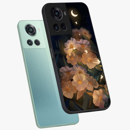 Celestial Petal Night Glass Case for 1+10R angled mockup showcasing glossy finish and glowing celestial accents
