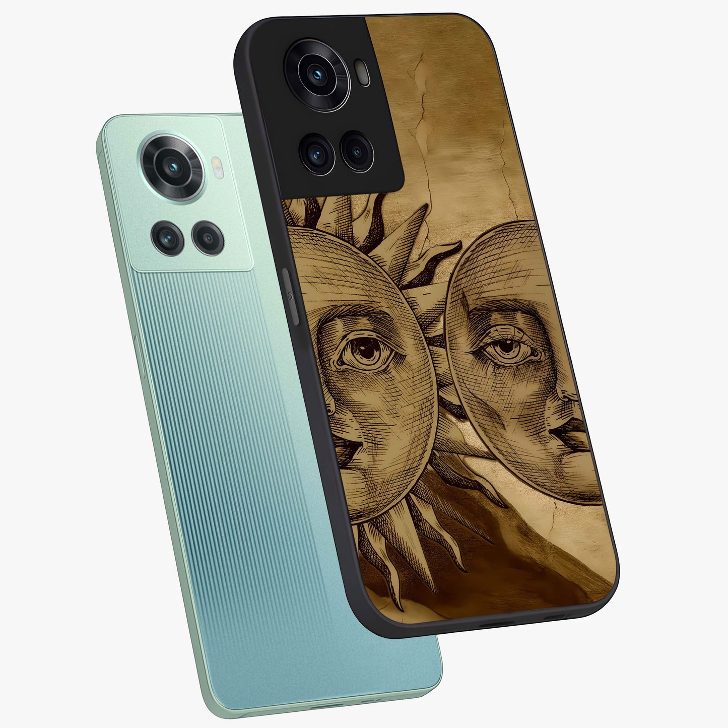 Celestial Relic Glow Glass Case for 1+10R angled mockup showcasing glossy finish and radiant glow detailing