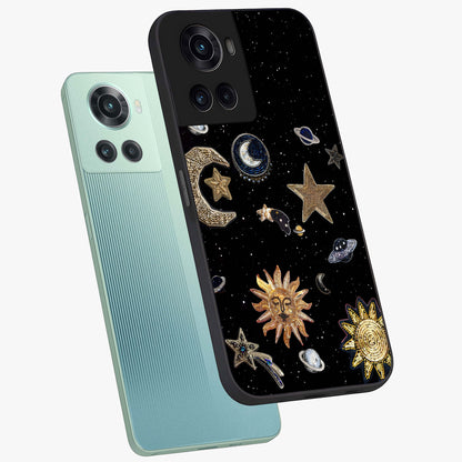 Celestial Star Charm Glass Case for 1+10R angled mockup showcasing glossy finish and shimmering celestial tones