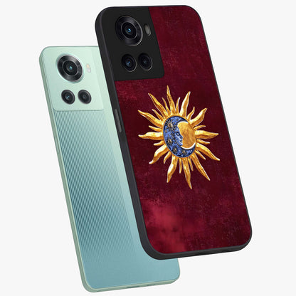 Celestial Unity Charm Glass Case for 1+10R angled mockup showcasing glossy finish and balanced cosmic design