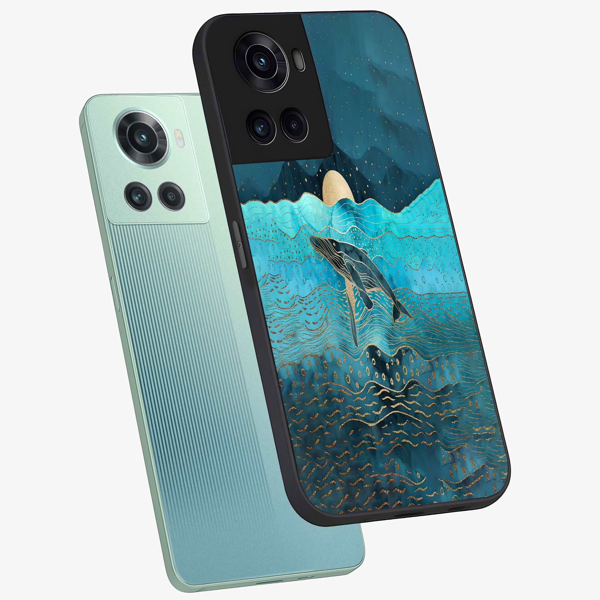 Celestial Whale Voyage Glass Case for 1+10R angled mockup showcasing glossy finish and deep celestial tones