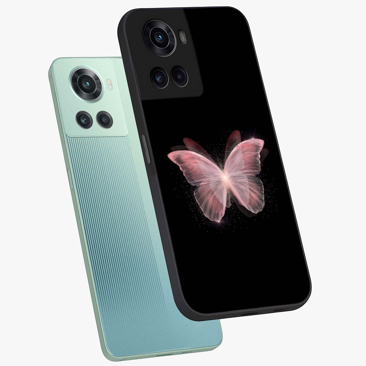 Celestial Wings Butterfly Glass Case for 1+10R angled mockup showcasing glossy finish and luminous wing detailing