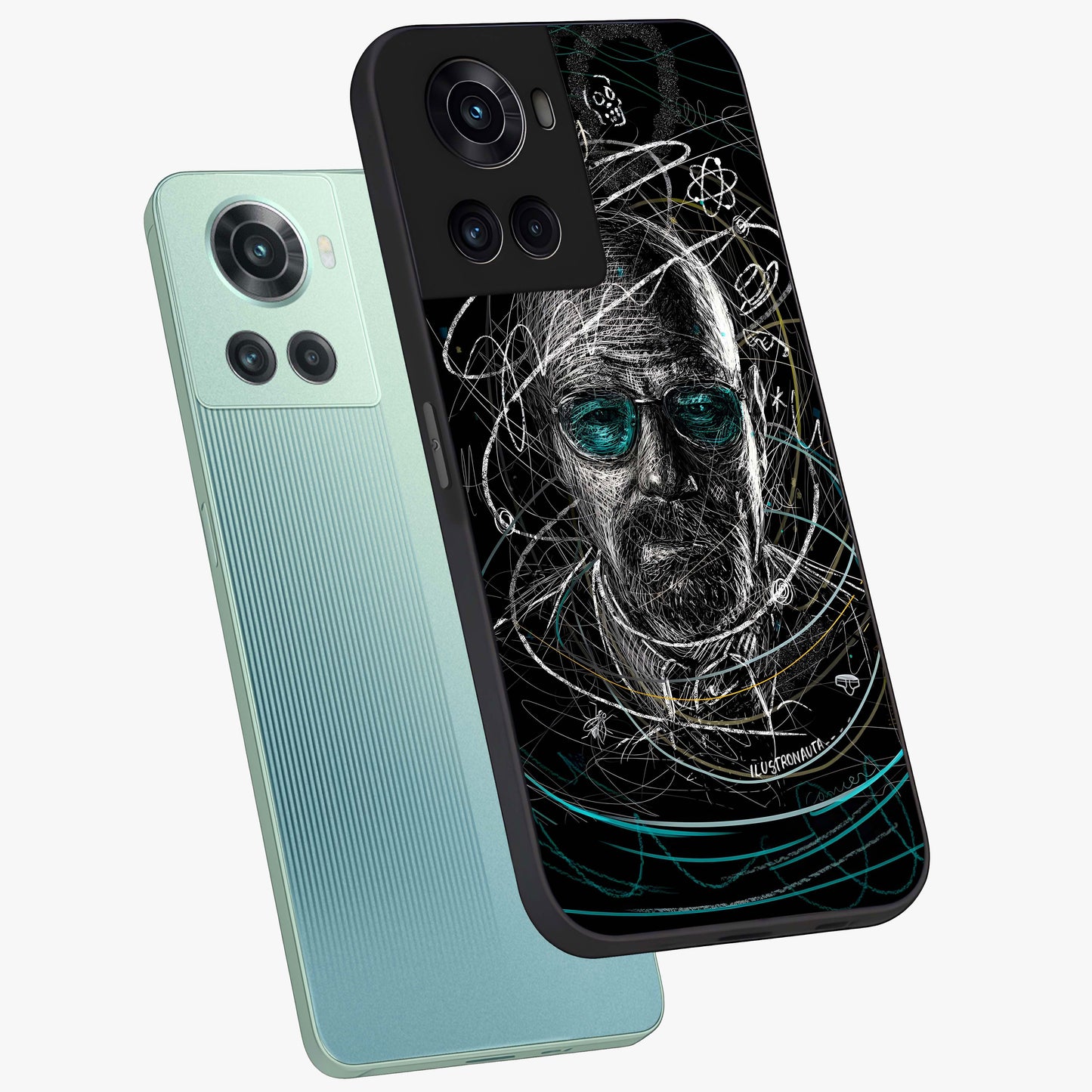 Chaotic Mind Genius Glass Case for 1+10R angled mockup showcasing glossy finish and edgy artistic design