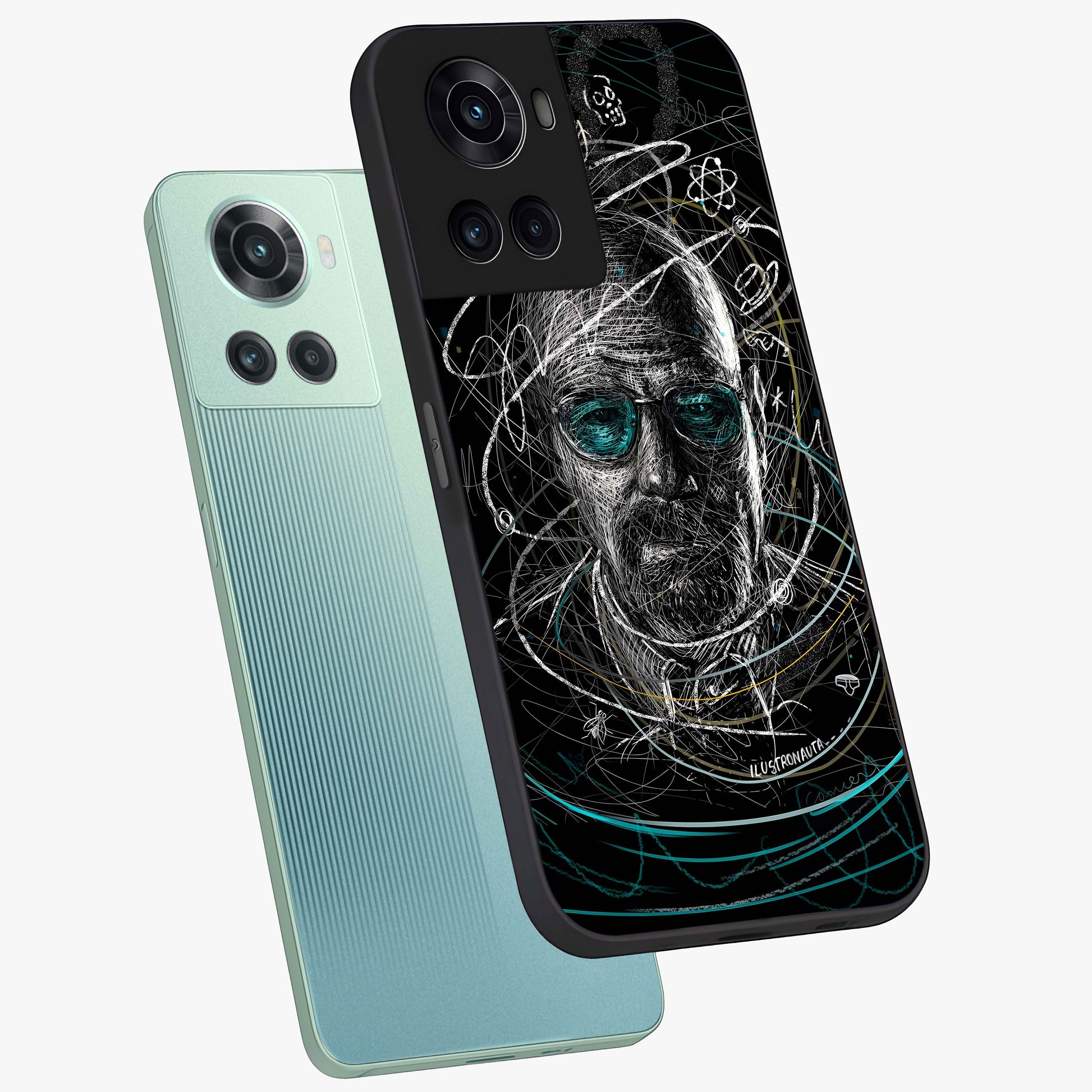 Chaotic Mind Genius Glass Case for 1+10R angled mockup showcasing glossy finish and edgy artistic design
