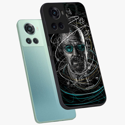Chaotic Mind Genius Glass Case for 1+10R angled mockup showcasing glossy finish and edgy artistic design
