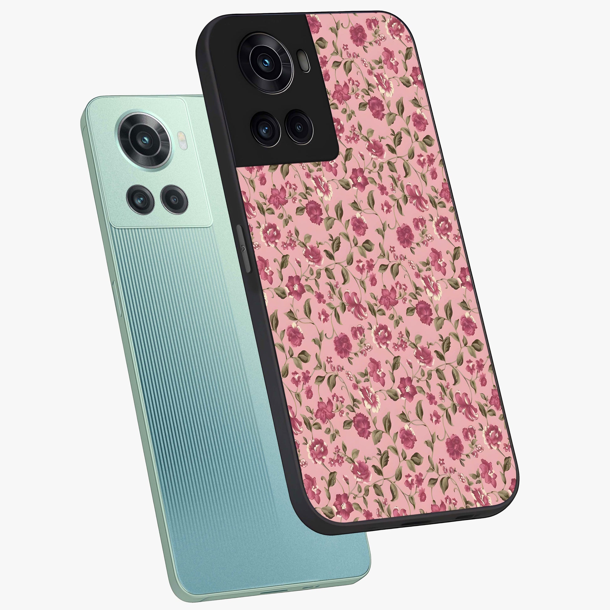 Charming Pink Floral Glass Case for 1+10R angled mockup showcasing glossy finish and elegant bloom detailing