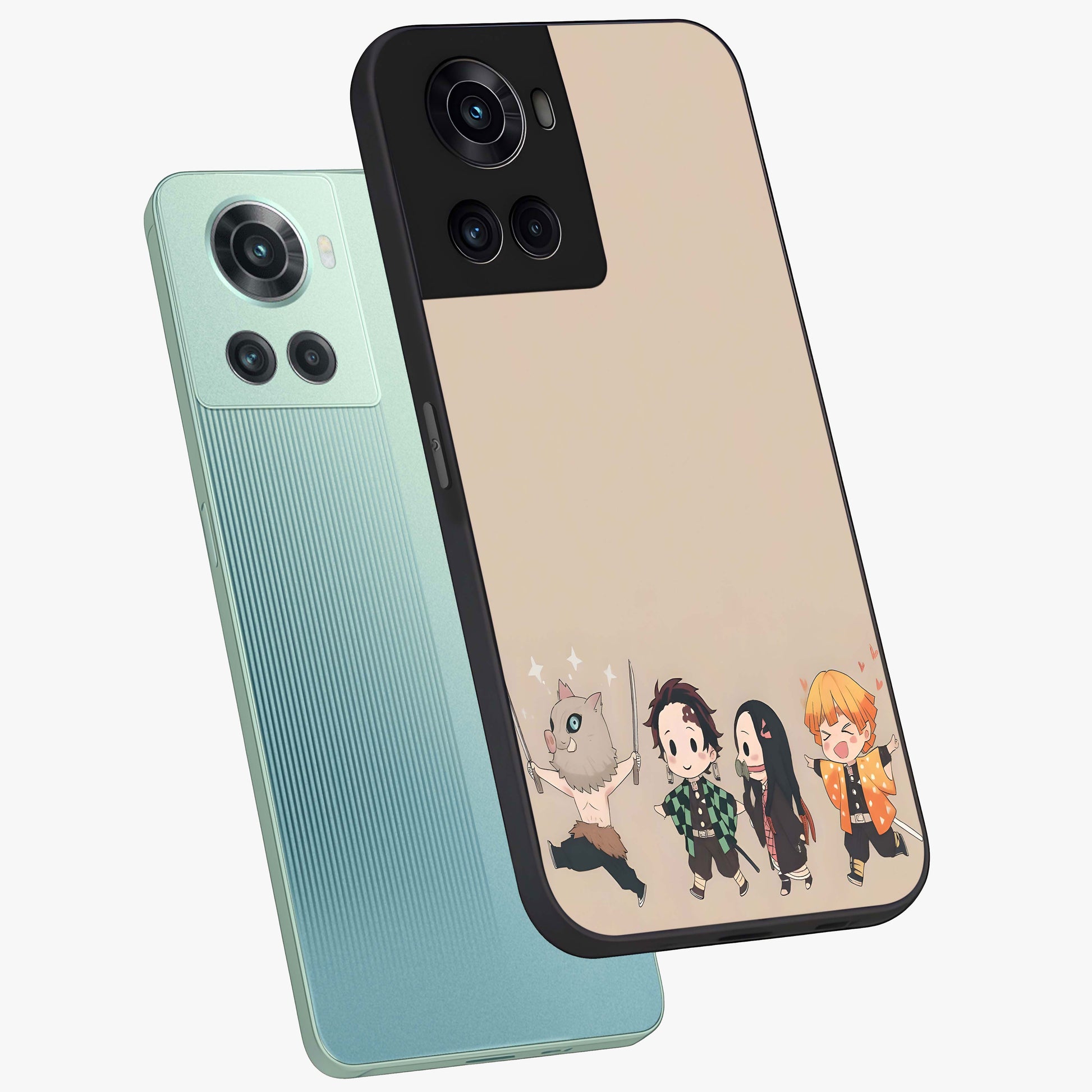 Chibi Demon Squad Glass Case for 1+10R angled mockup showcasing glossy finish and vibrant anime inspired design