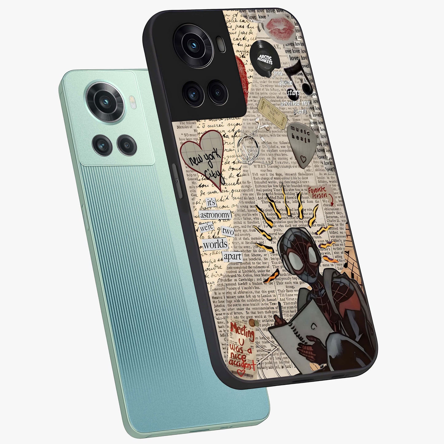 City Dream Sketch Glass Case for 1+10R captured at a warm angle highlighting urban line details, gloss, and edge clarity.