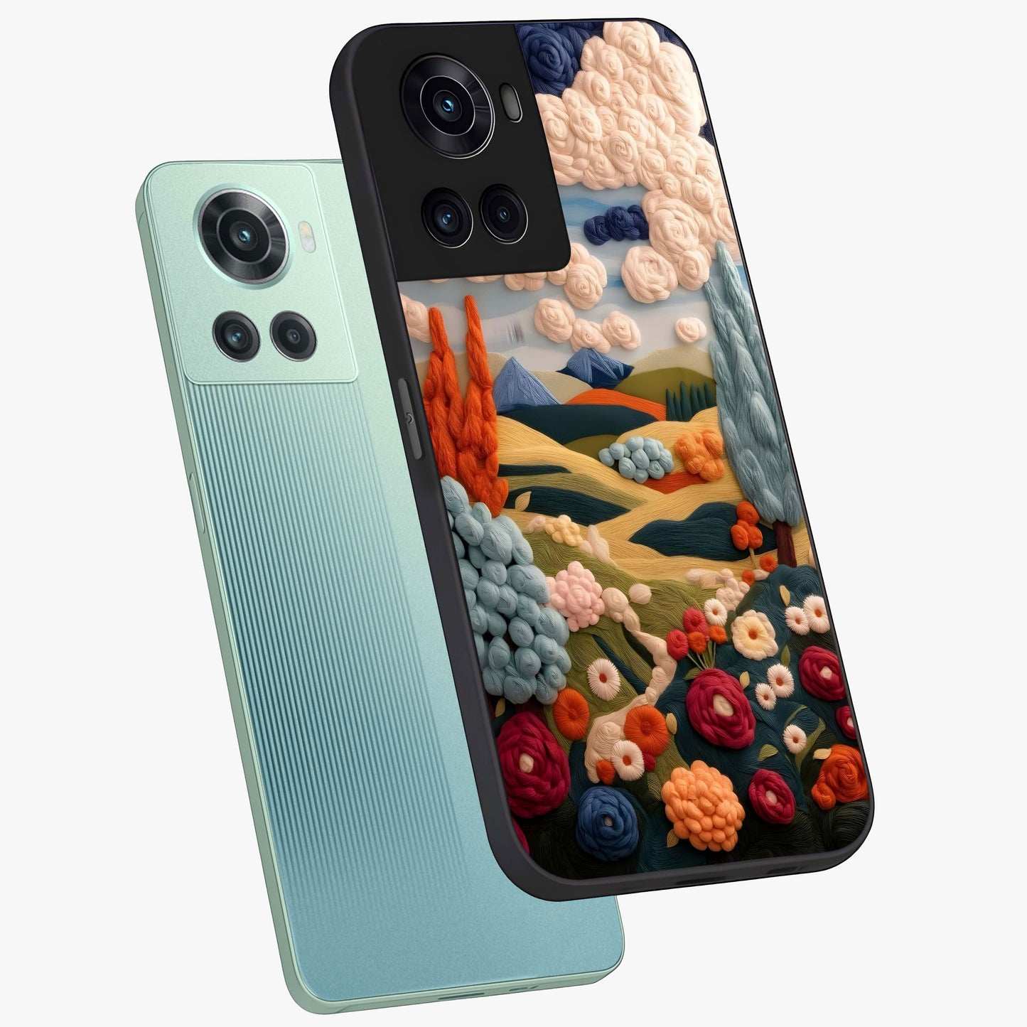 Cloud Cotton Meadows Printed Glass Case for 1+10R angled mockup showcasing glossy glass finish and airy pastel design