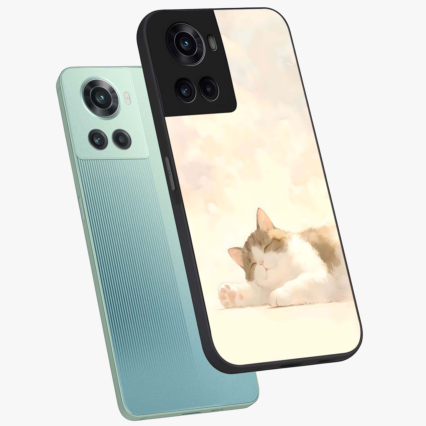 Cloud Nap Cat Glass Case for 1+10R angled mockup showcasing glossy finish and cozy pastel tones