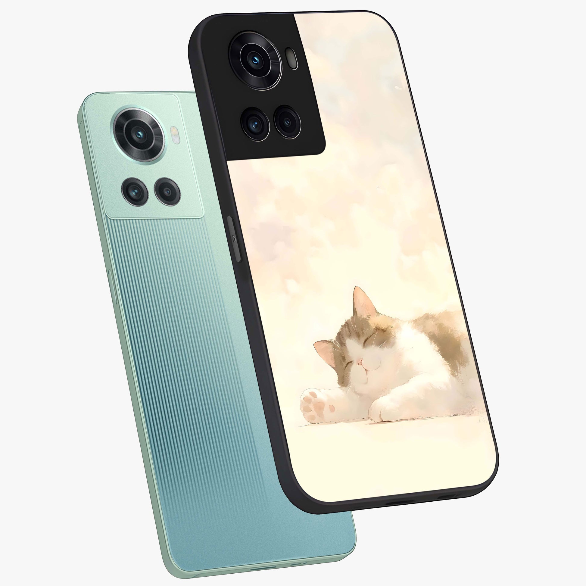Cloud Nap Cat Glass Case for 1+10R angled mockup showcasing glossy finish and cozy pastel tones