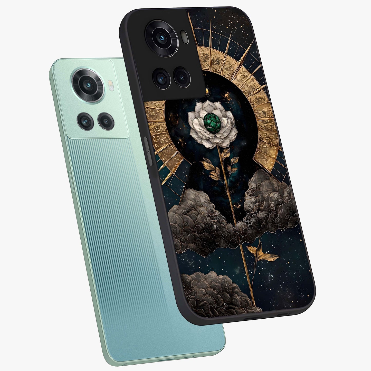 Cosmic Bloom Rose Glass Case for 1+10R angled mockup showcasing glossy finish and vibrant celestial floral tones