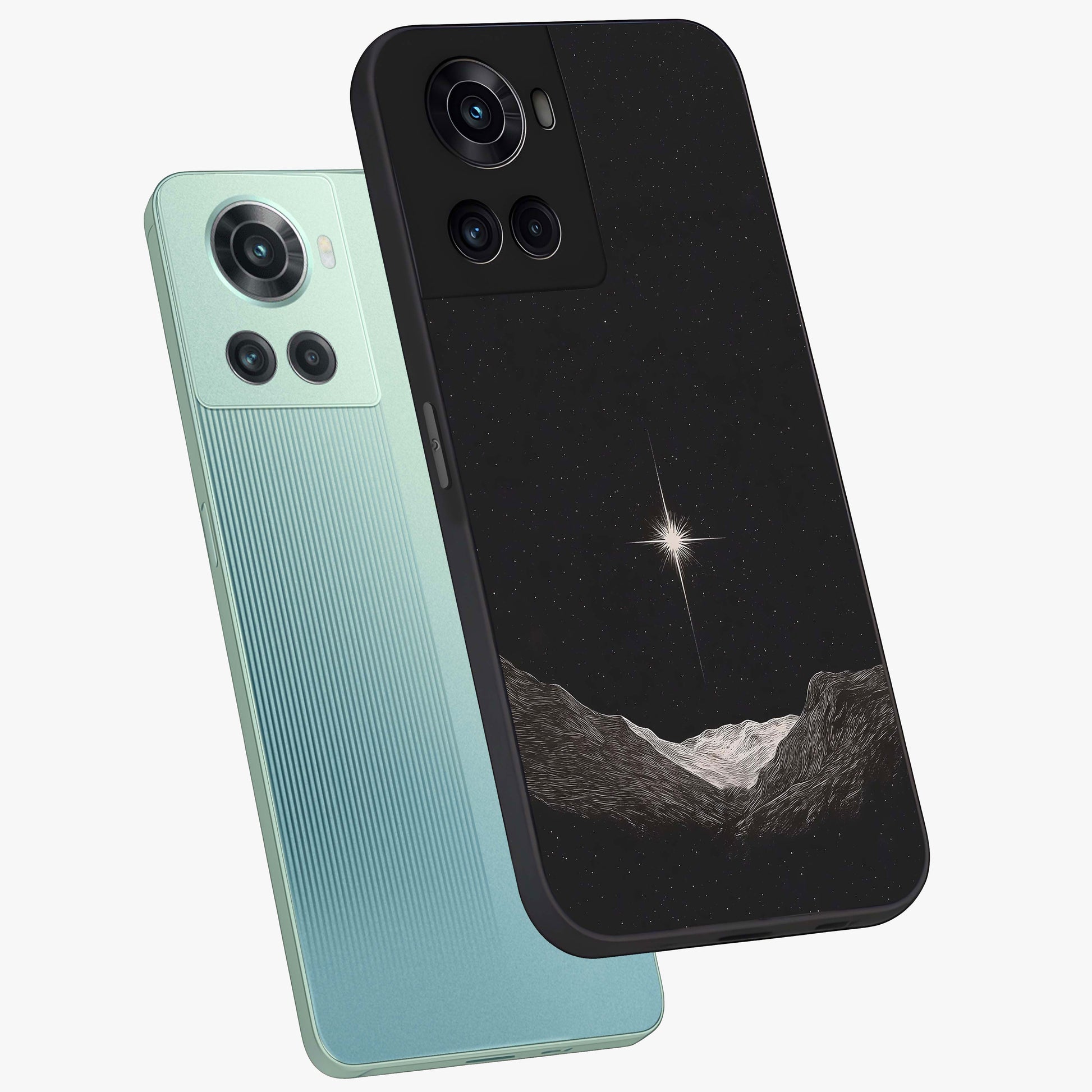 Cosmic Dream Night Glass Case for 1+10R angled mockup showcasing glossy finish and rich midnight gradients