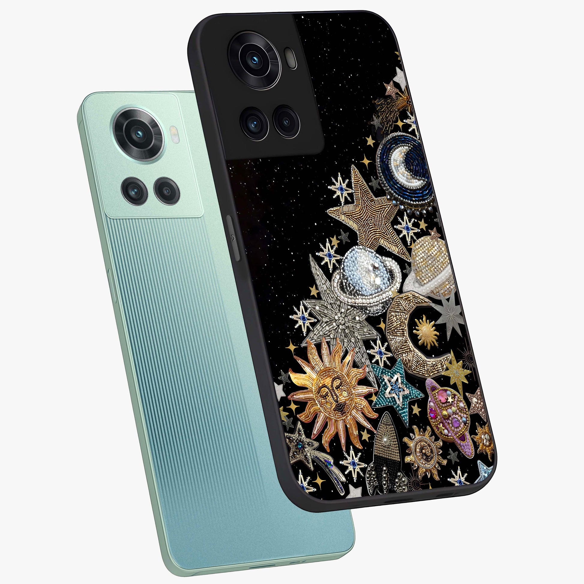 Cosmic Sparkle Dreams Glass Case for 1+10R angled mockup showcasing glossy finish and vibrant celestial glow