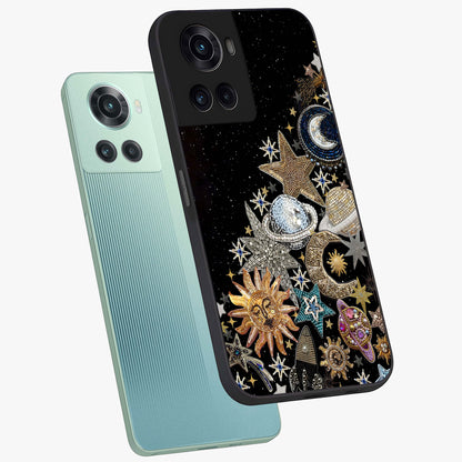 Cosmic Sparkle Dreams Glass Case for 1+10R angled mockup showcasing glossy finish and vibrant celestial glow
