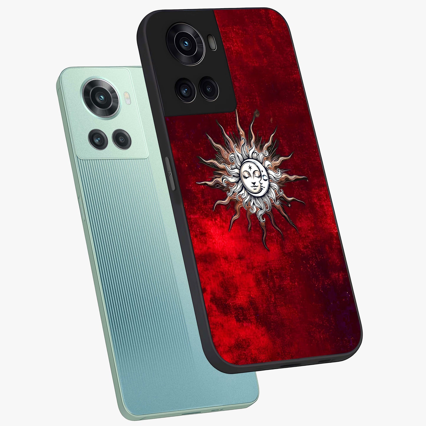 Cosmic Twin Eclipse Glass Case for 1+10R angled mockup showcasing glossy finish and bold celestial contrast