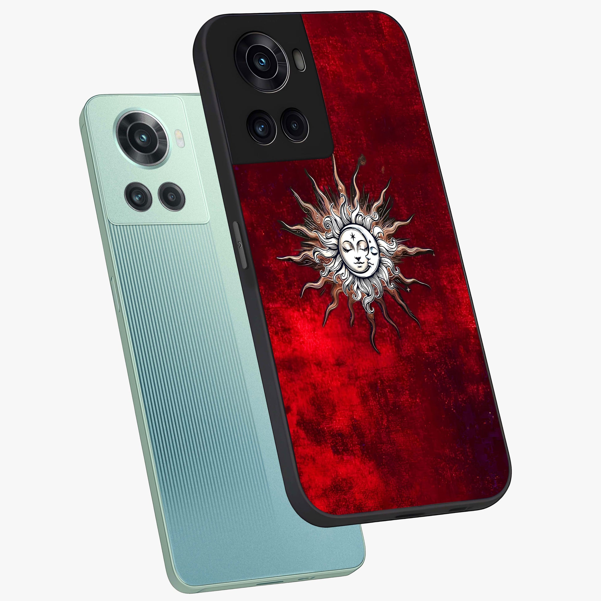 Cosmic Twin Eclipse Glass Case for 1+10R angled mockup showcasing glossy finish and bold celestial contrast