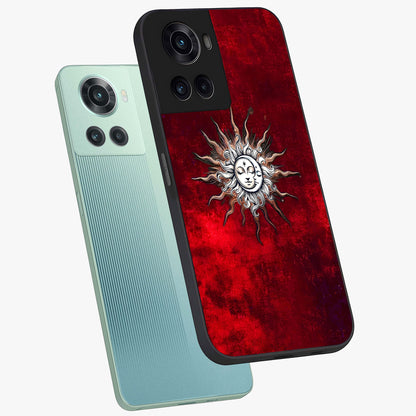 Cosmic Twin Eclipse Glass Case for 1+10R angled mockup showcasing glossy finish and bold celestial contrast