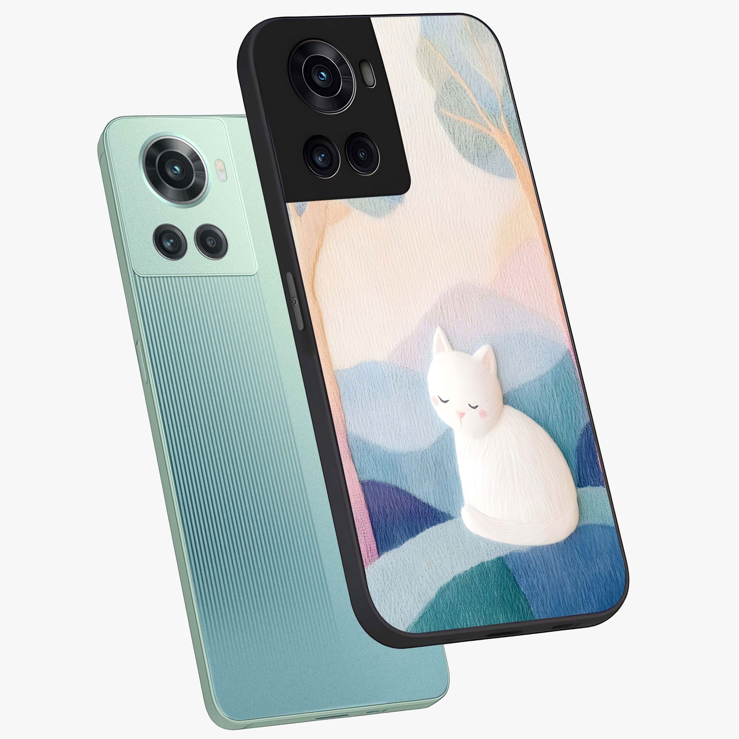 Cotton Dream Cat Glass Case for 1+10R angled mockup showcasing glossy glass finish and cozy aesthetic design
