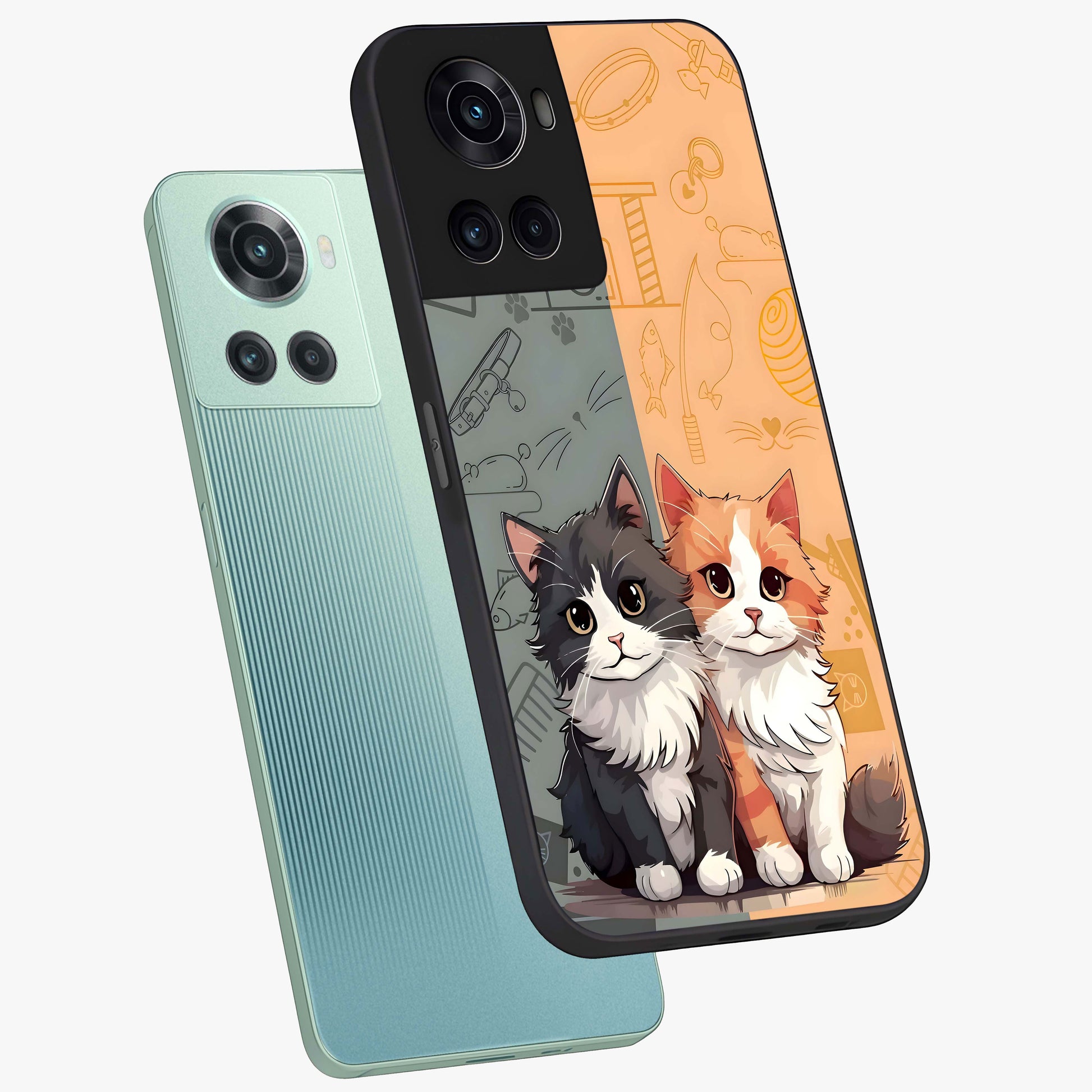 Cozy Cat Duo Glass Case for 1+10R angled mockup showcasing glossy finish and charming pastel tones
