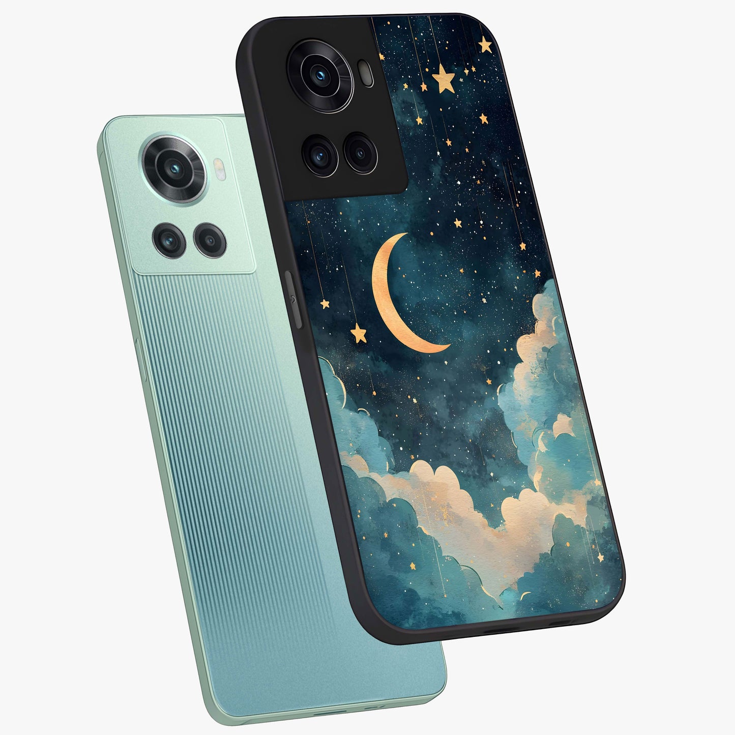 Crescent Galaxy Moon Glass Case for 1+10R angled mockup showcasing glossy finish and glowing galaxy tones