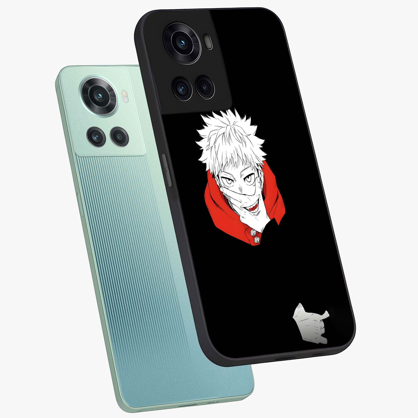 Crimson Chaos Smile Glass Case for 1+10R angled mockup showcasing glossy finish and dramatic red detailing