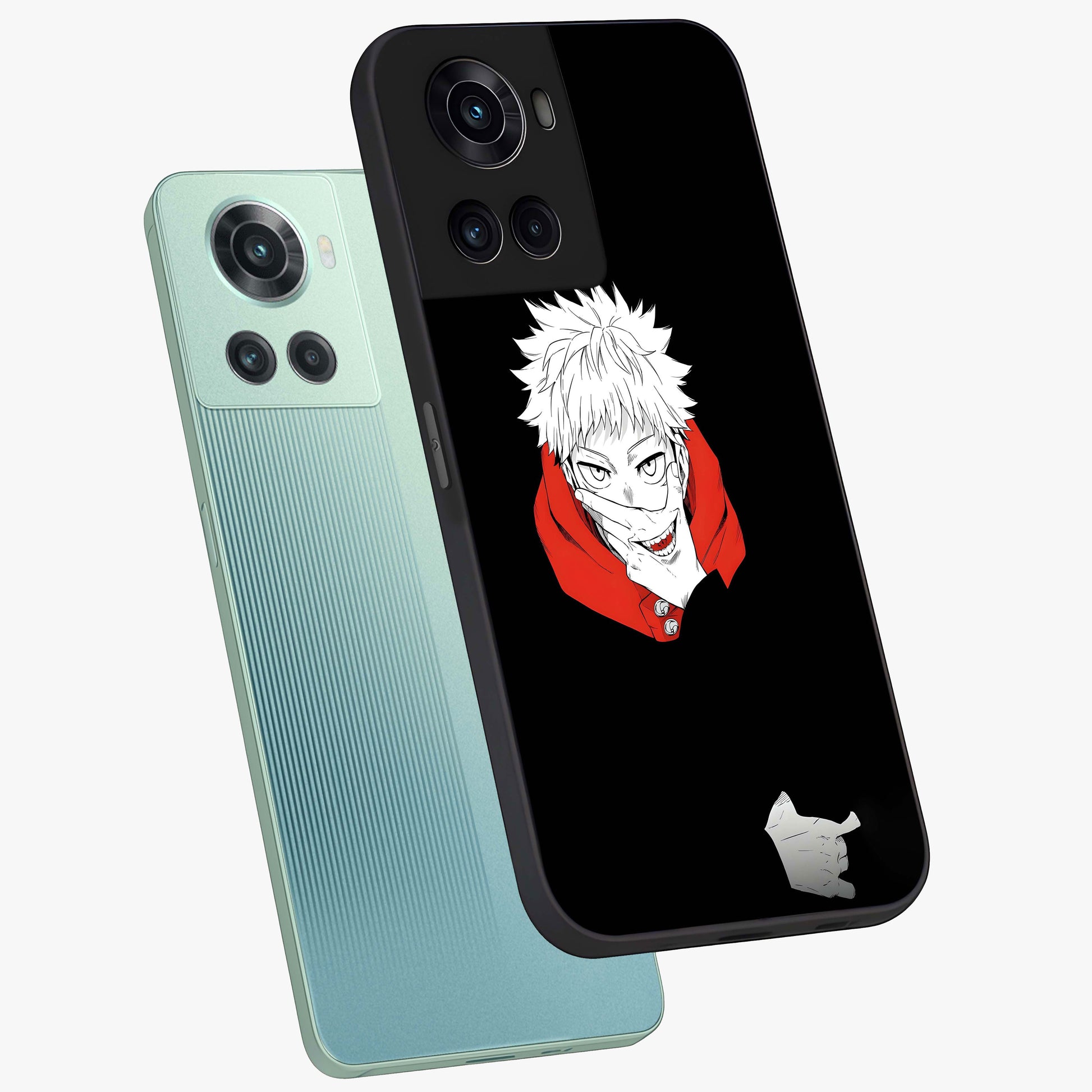 Crimson Chaos Smile Glass Case for 1+10R angled mockup showcasing glossy finish and dramatic red detailing
