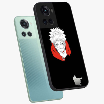 Crimson Chaos Smile Glass Case for 1+10R angled mockup showcasing glossy finish and dramatic red detailing