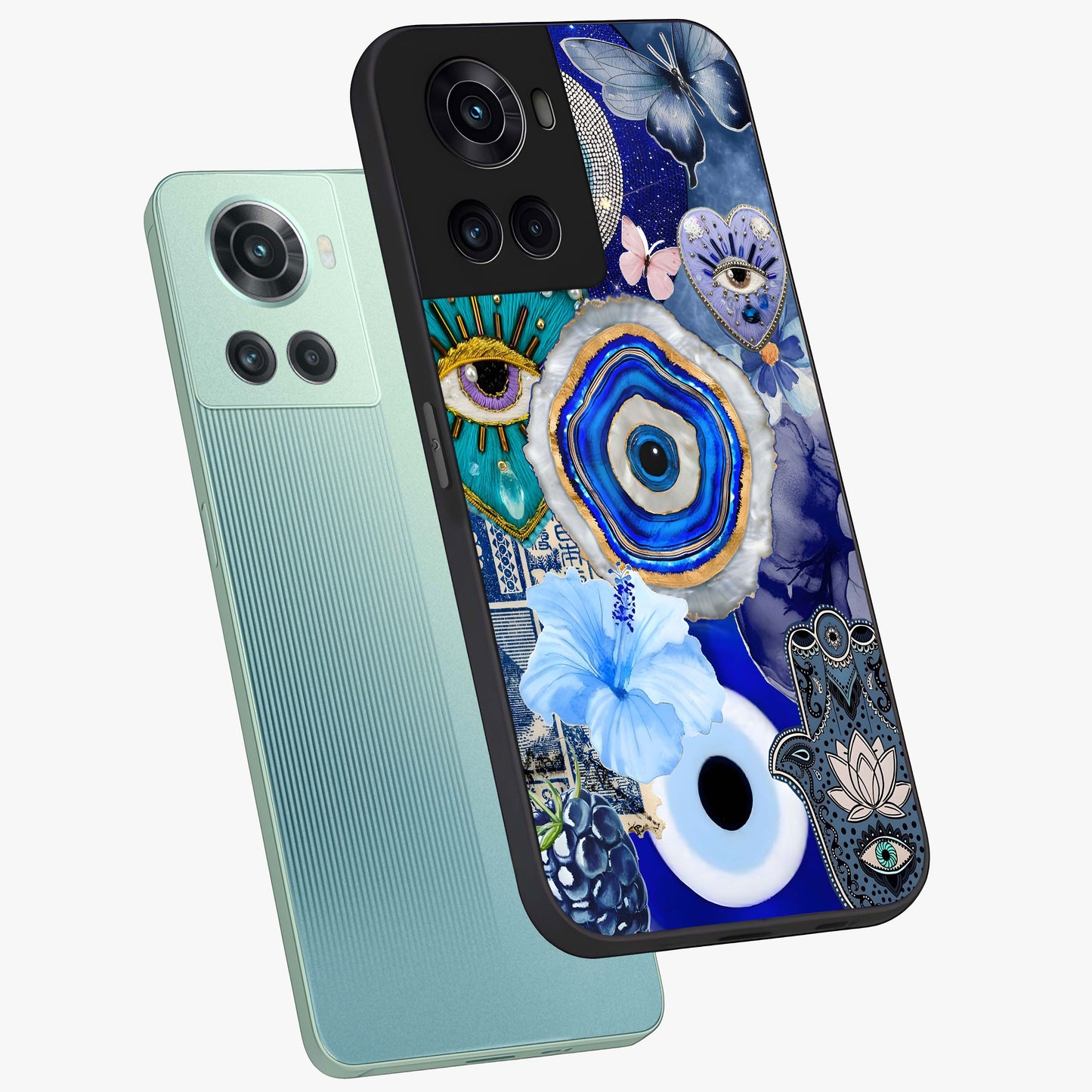 Crimson Evil Eye Charm Glass Case for 1+10R angled mockup showcasing glossy finish and vibrant symbolic detailing