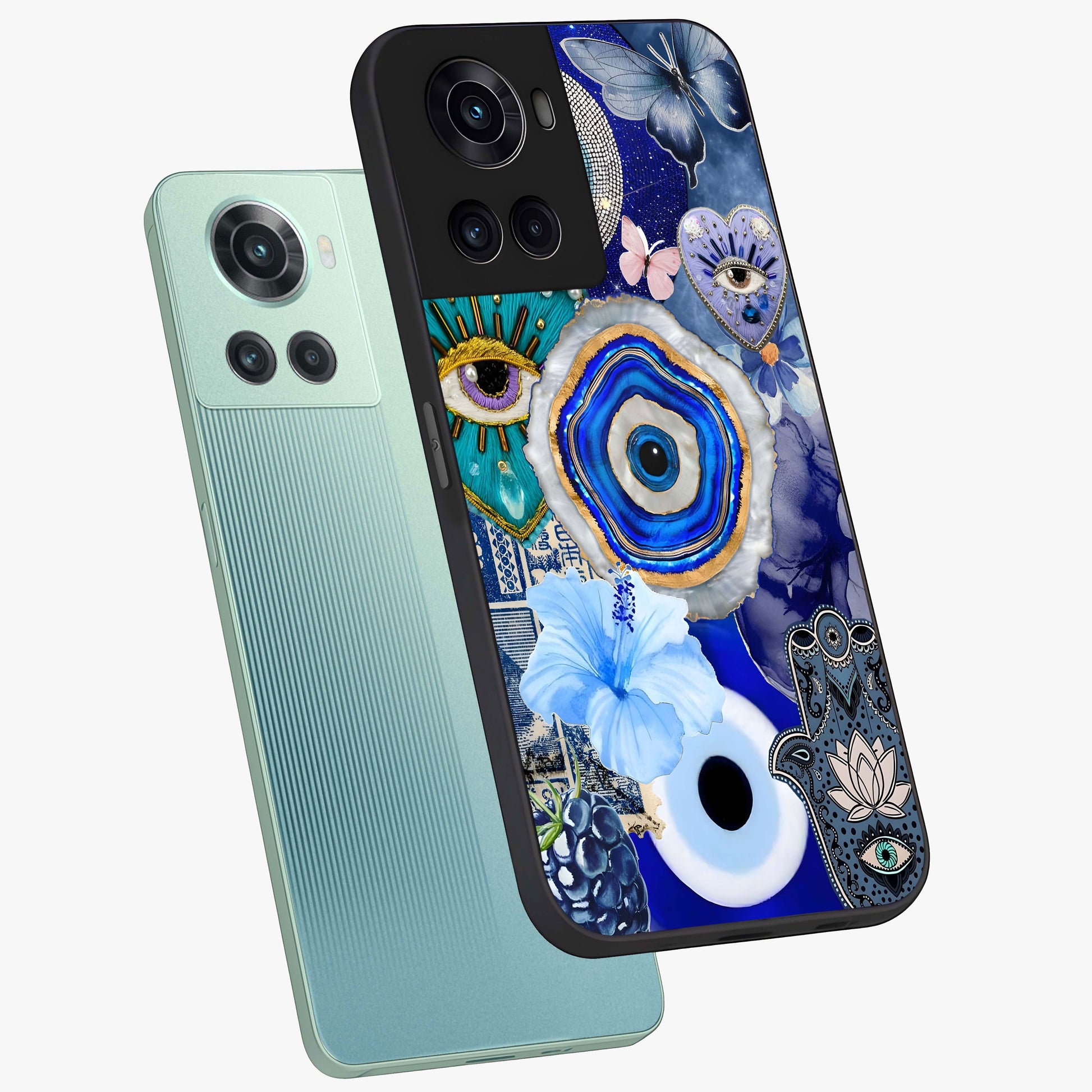 Crimson Evil Eye Charm Glass Case for 1+10R angled mockup showcasing glossy finish and vibrant symbolic detailing