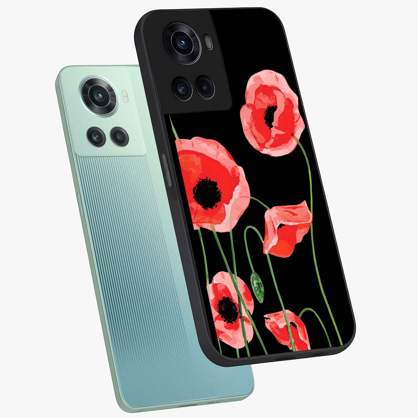 Crimson Garden Dream Glass Case for 1+10R angled mockup showcasing glossy finish and vibrant bloom detailing