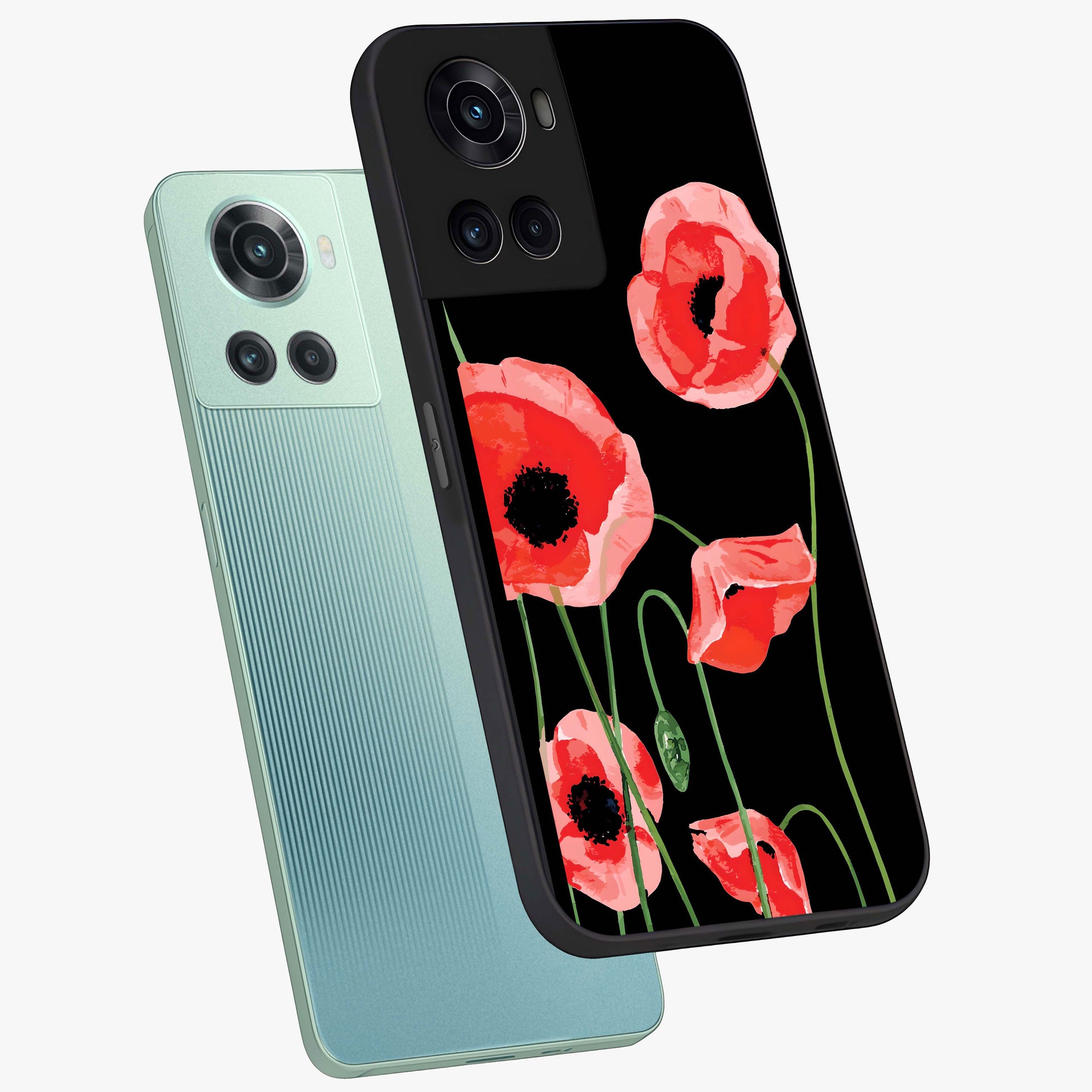 Crimson Garden Dream Glass Case for 1+10R angled mockup showcasing glossy finish and vibrant bloom detailing