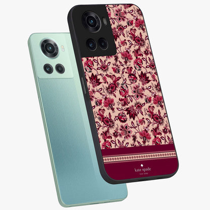 Crimson Rose Charm Glass Case for 1+10R angled mockup showcasing glossy finish and romantic floral detailing